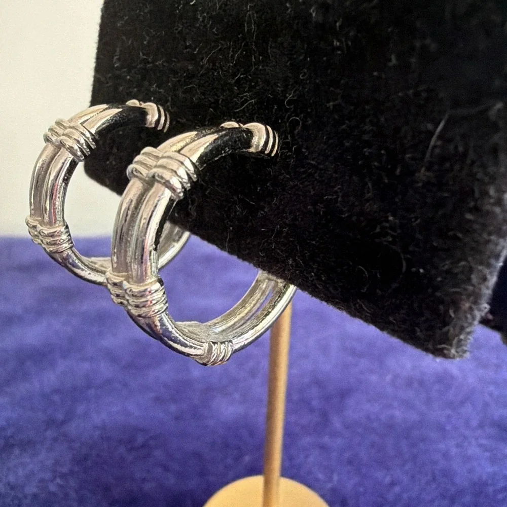 Vintage MCM Designer Signed CROWN TRIFARI Silver Tone Hoop Earrings